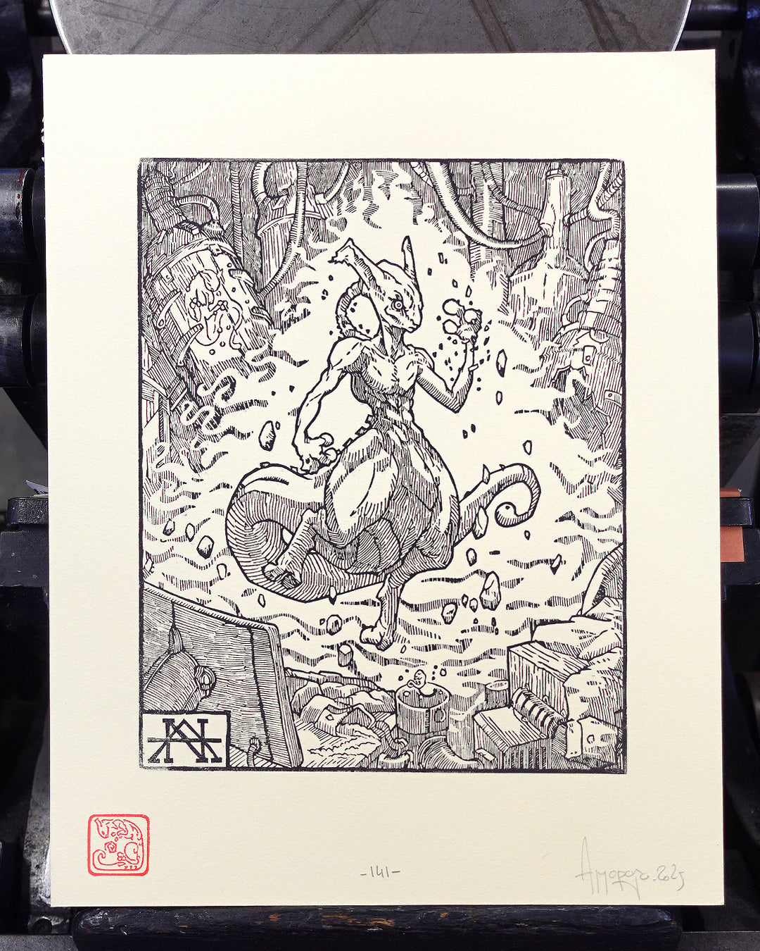 MEWTWO - Handmade woodblock print - 28x22cm