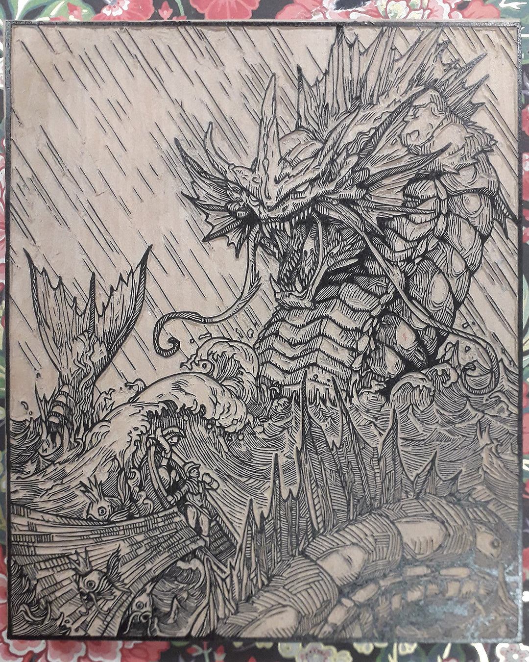 GYARADOS - Handmade woodblock print - 28x22cm