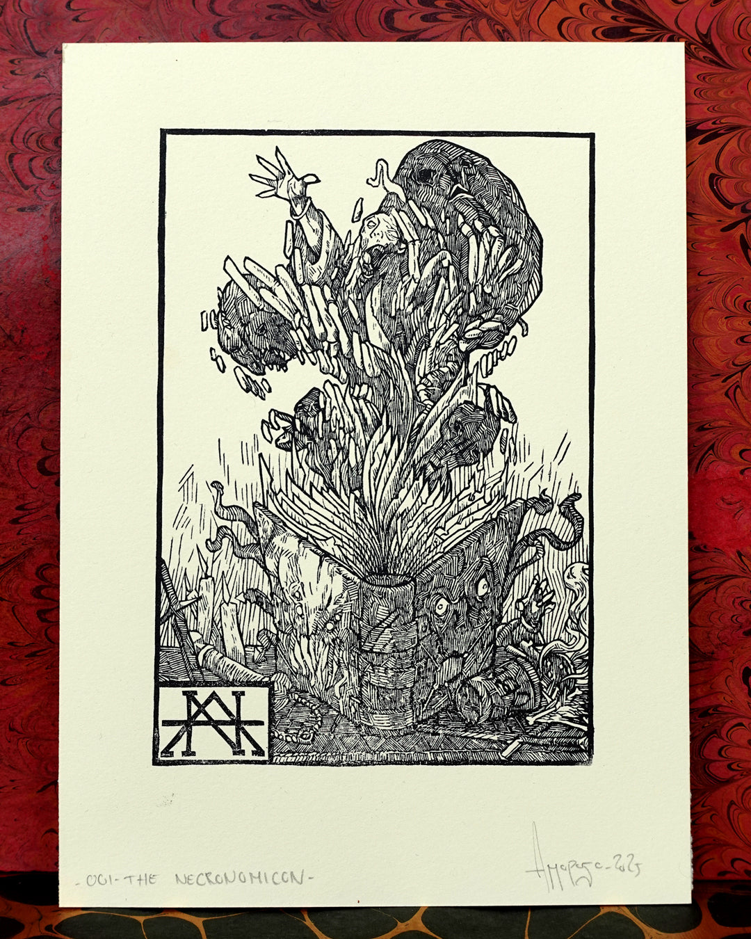 THE NECROMICON - Handmade woodblock print - 22x16cm