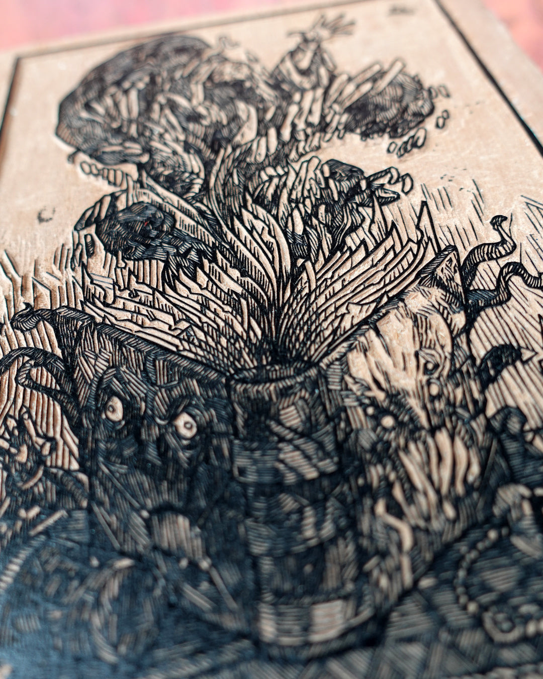 THE NECROMICON - Handmade woodblock print - 22x16cm