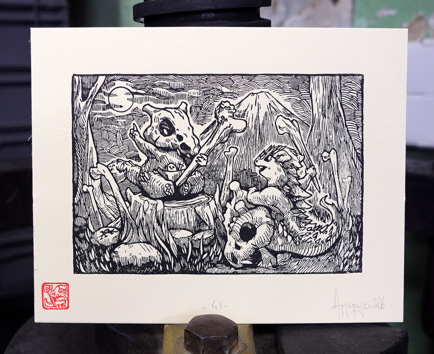 CUBONE - Handmade woodblock print - 22x16cm