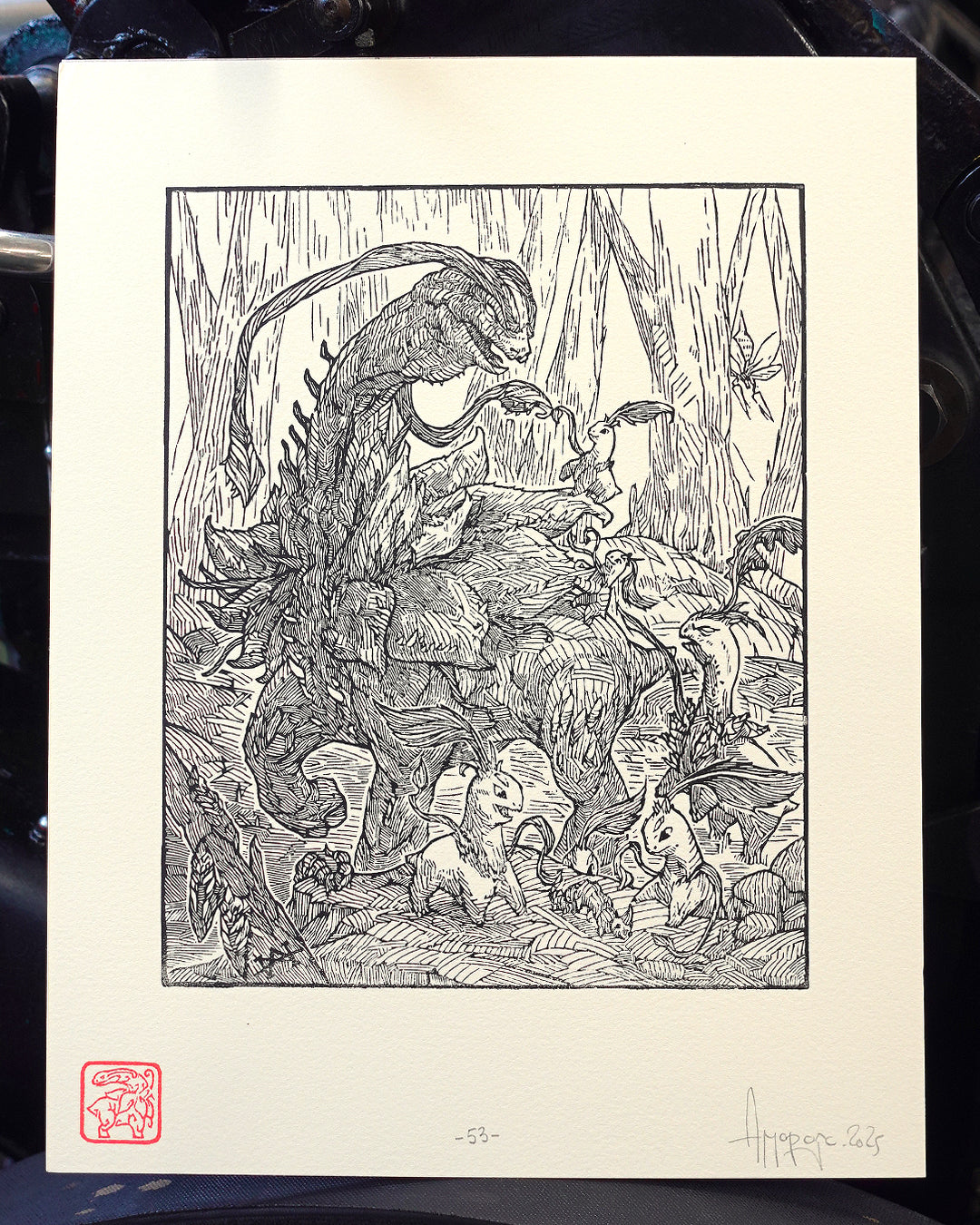 MEGANIUM - Handmade woodblock print - 28x22cm