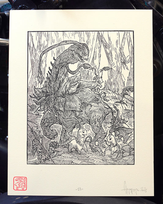 MEGANIUM - Handmade woodblock print - 28x22cm