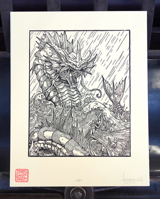 GYARADOS - Handmade woodblock print - 28x22cm