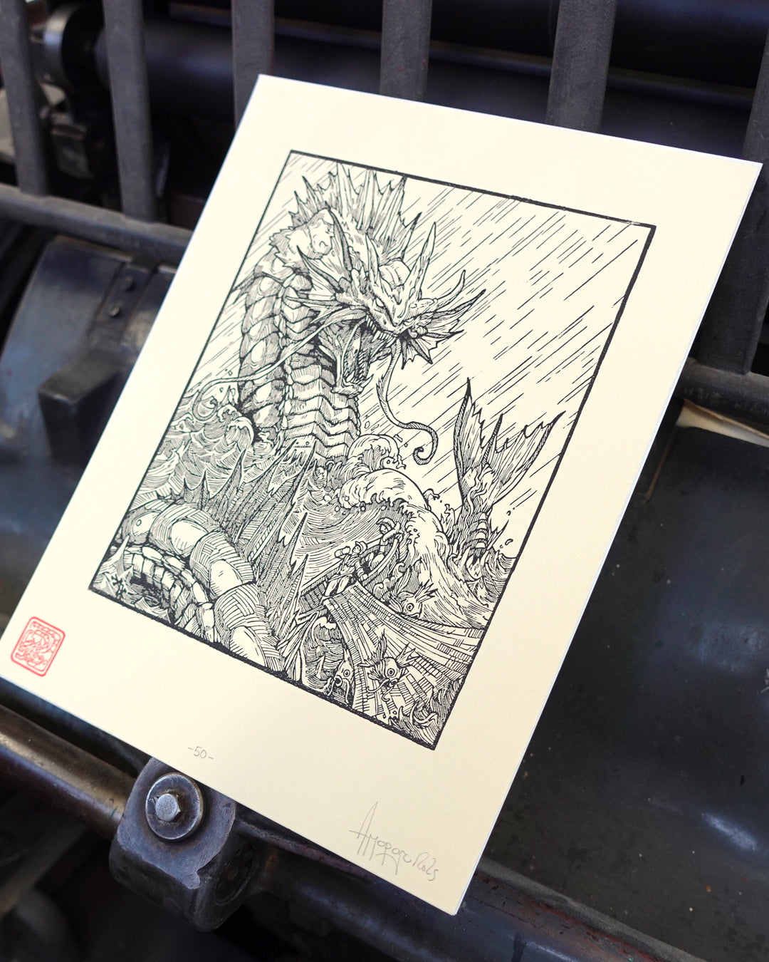 GYARADOS - Handmade woodblock print - 28x22cm